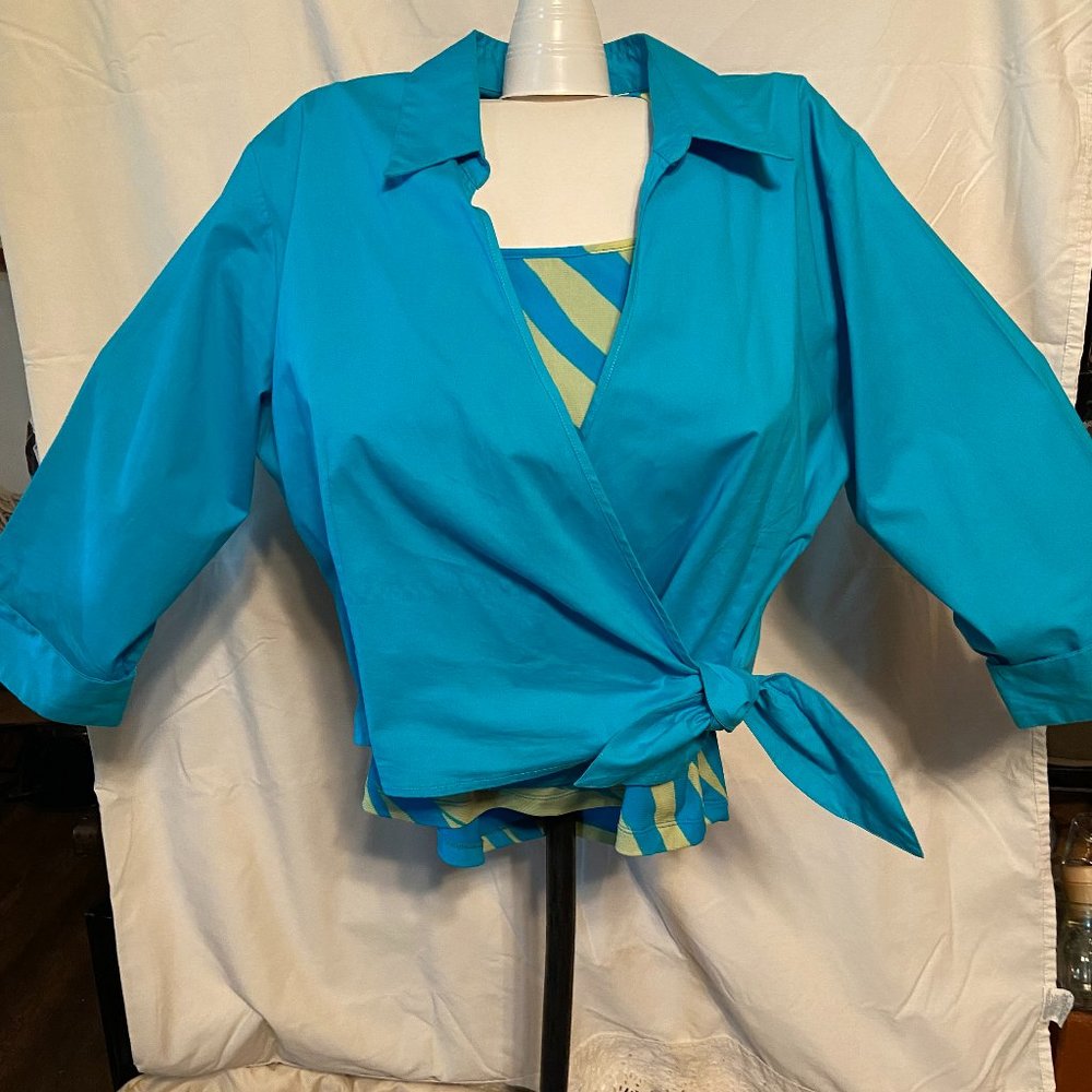 Quizz Again Stretch blue wrap shirt and INC long-sleeved jersey knit shirt.